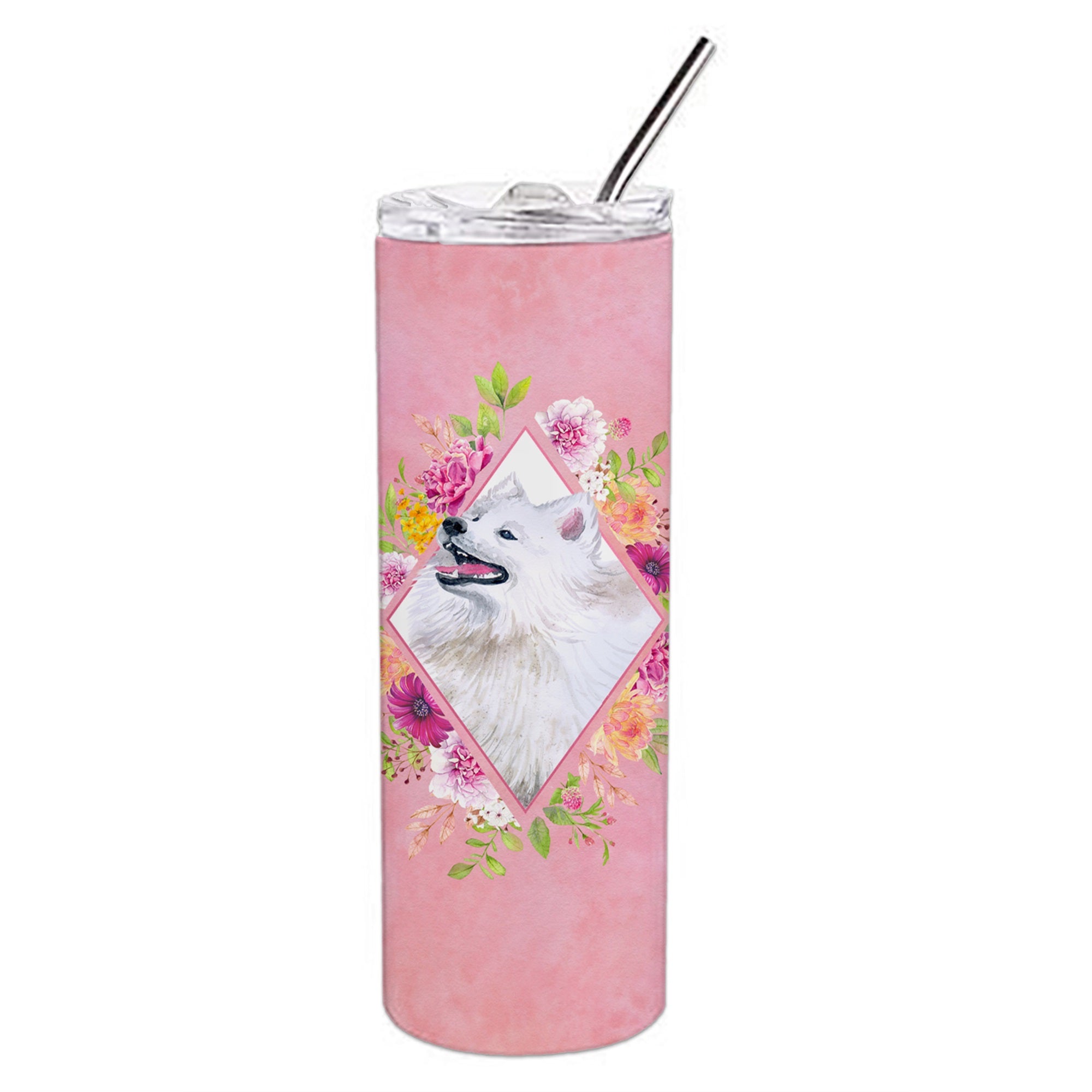 Samoyed Pink Flowers Double Walled Stainless Steel 20 Oz Skinny Tumbler